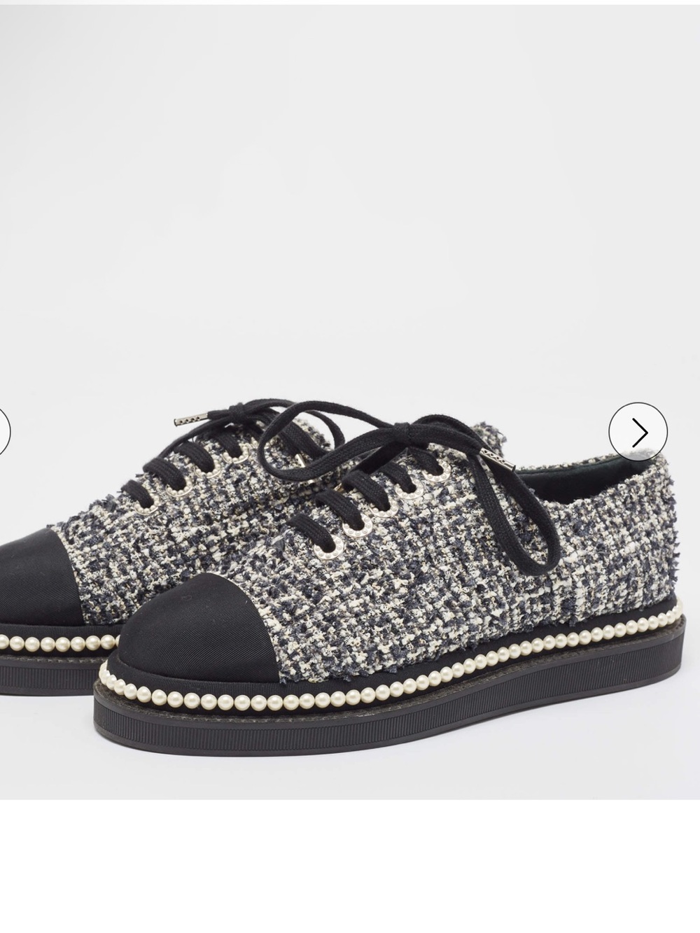 Chanel Black/White Tweed and Canvas Cap Toe Faux Pearl Trim Oxfords Sneakers